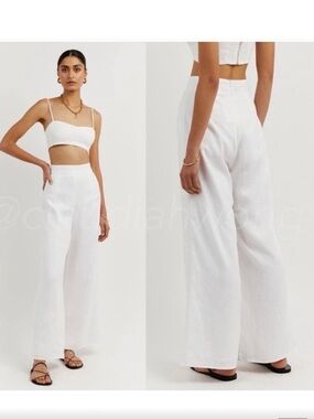 DISSH White Linen High-Rise Wide-Leg Pants